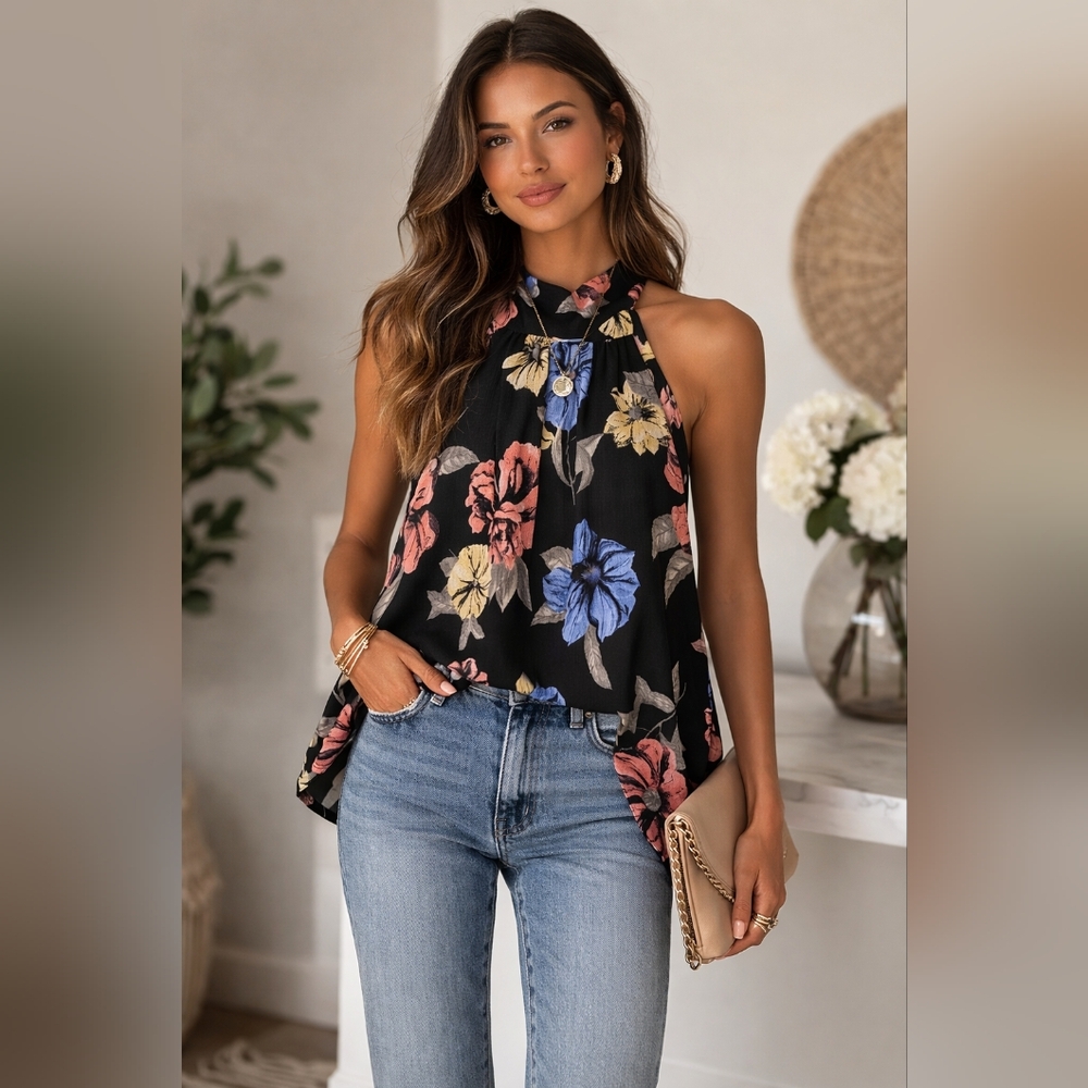 Tua Floral Halter Blouse Large Black Sleeveless Boho Flowy Summer Chic Tank Top